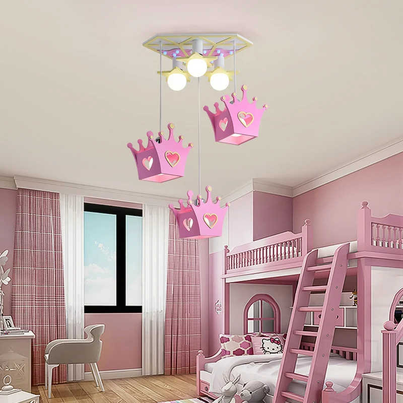 Lampe suspendue en forme de couronne en bois, Style dessin animé, 6 lumières, plafonnier suspendu bleu/rose avec auvent tr...
