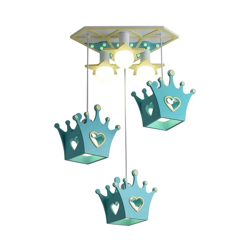 Lampe suspendue en forme de couronne en bois, Style dessin animé, 6 lumières, plafonnier suspendu bleu/rose avec auvent tr...