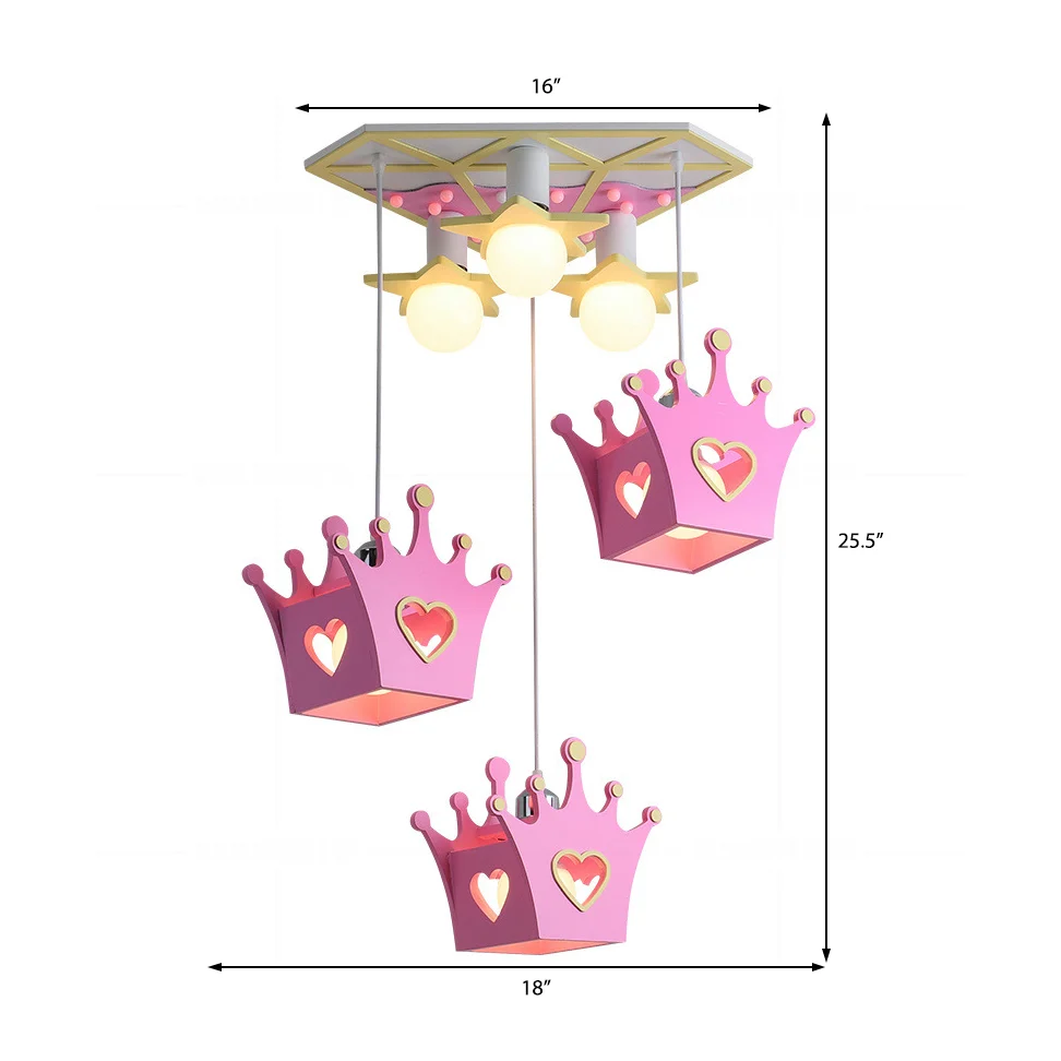 Lampe suspendue en forme de couronne en bois, Style dessin animé, 6 lumières, plafonnier suspendu bleu/rose avec auvent tr...