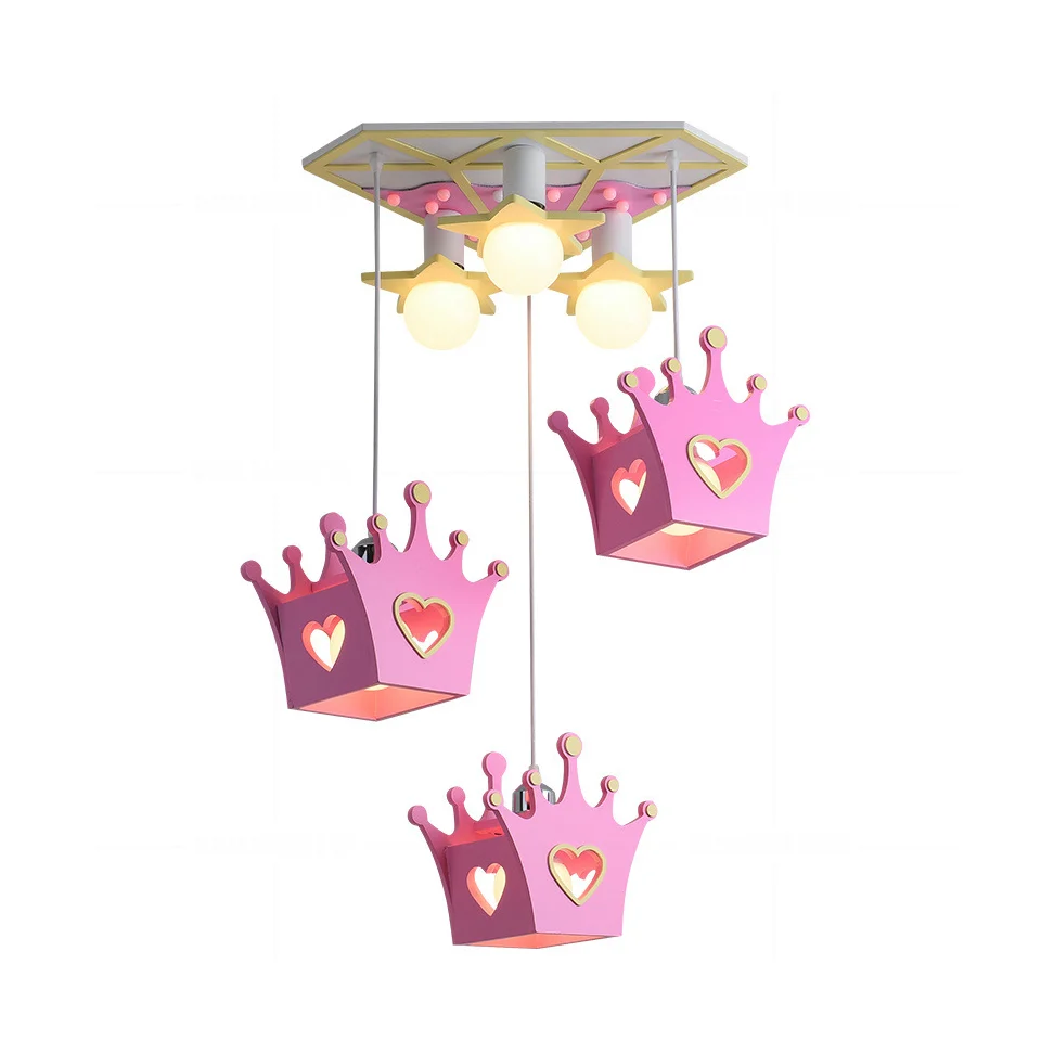 Lampe suspendue en forme de couronne en bois, Style dessin animé, 6 lumières, plafonnier suspendu bleu/rose avec auvent tr...