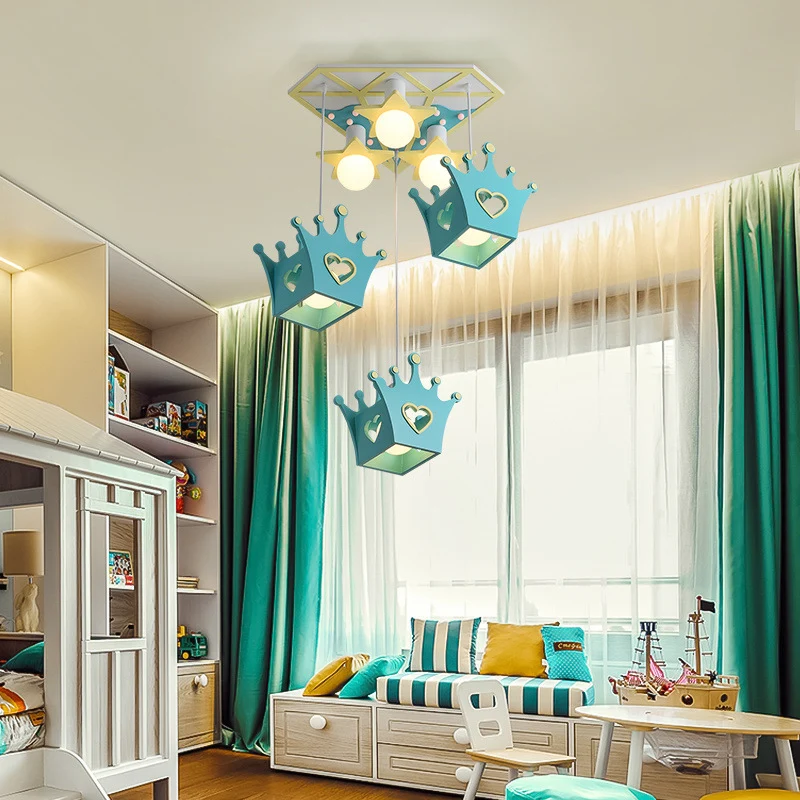 Lampe suspendue en forme de couronne en bois, Style dessin animé, 6 lumières, plafonnier suspendu bleu/rose avec auvent tr...