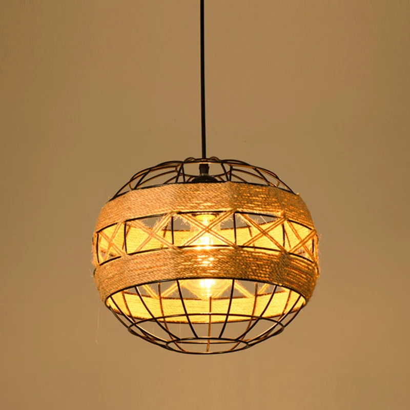 Lampe suspendue industrielle à 1 tête pour salle à manger, éclairage suspendu avec abat-jour en corde géométrique en Naturel