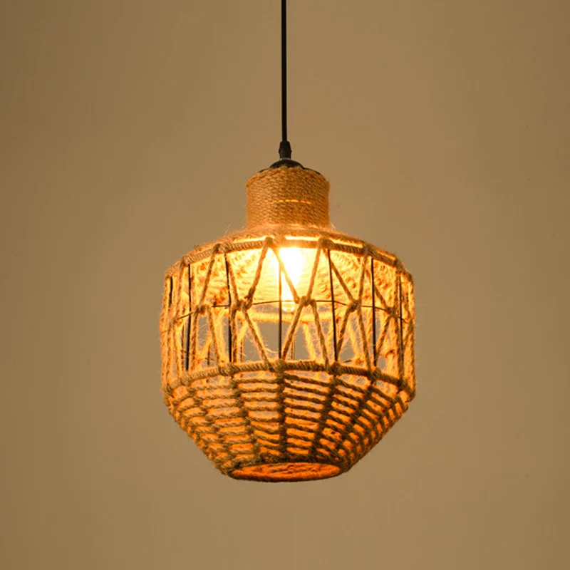 Lampe suspendue industrielle à 1 tête pour salle à manger, éclairage suspendu avec abat-jour en corde géométrique en Naturel