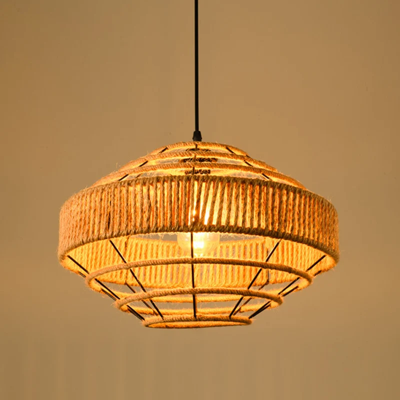 Lampe suspendue industrielle à 1 tête pour salle à manger, éclairage suspendu avec abat-jour en corde géométrique en Naturel