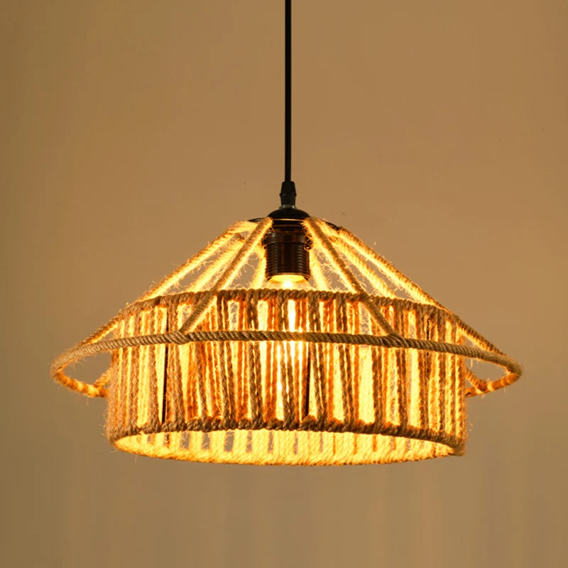 Lampe suspendue industrielle à 1 tête pour salle à manger, éclairage suspendu avec abat-jour en corde géométrique en Naturel