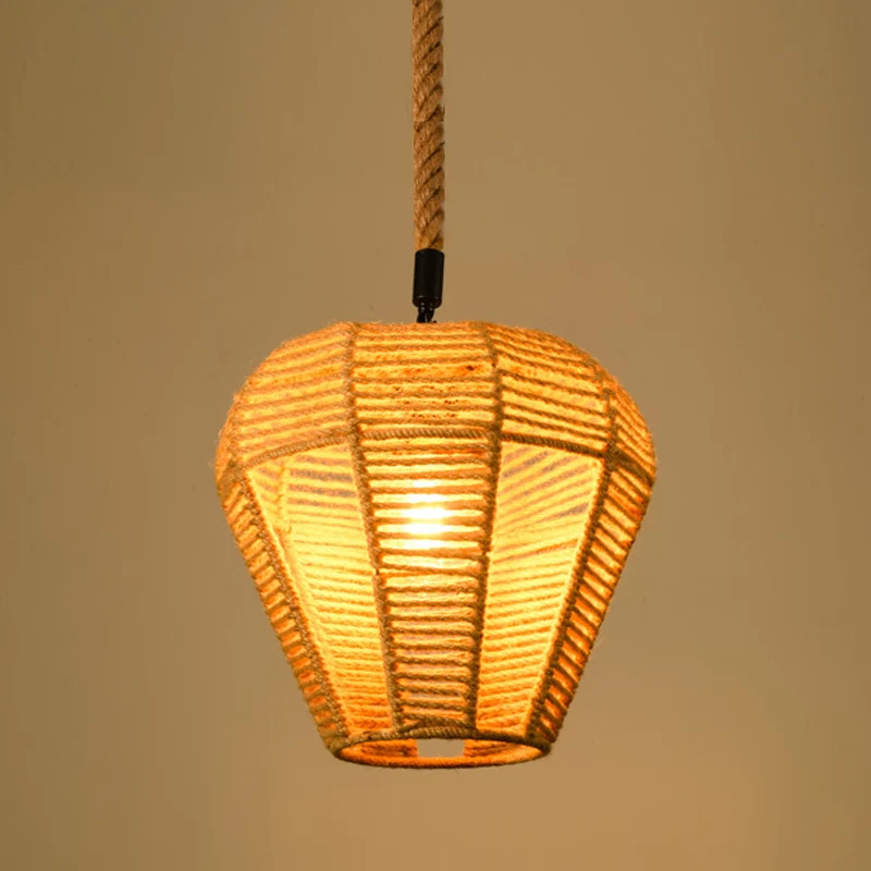 Lampe suspendue industrielle à 1 tête pour salle à manger, éclairage suspendu avec abat-jour en corde géométrique en Naturel