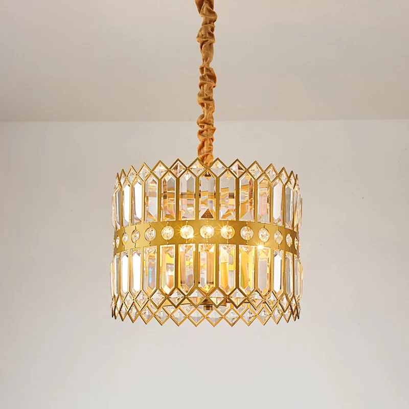Lampe suspendue à tambour à 3/4 lumières, lustre conventionnel incrusté de cristal doré