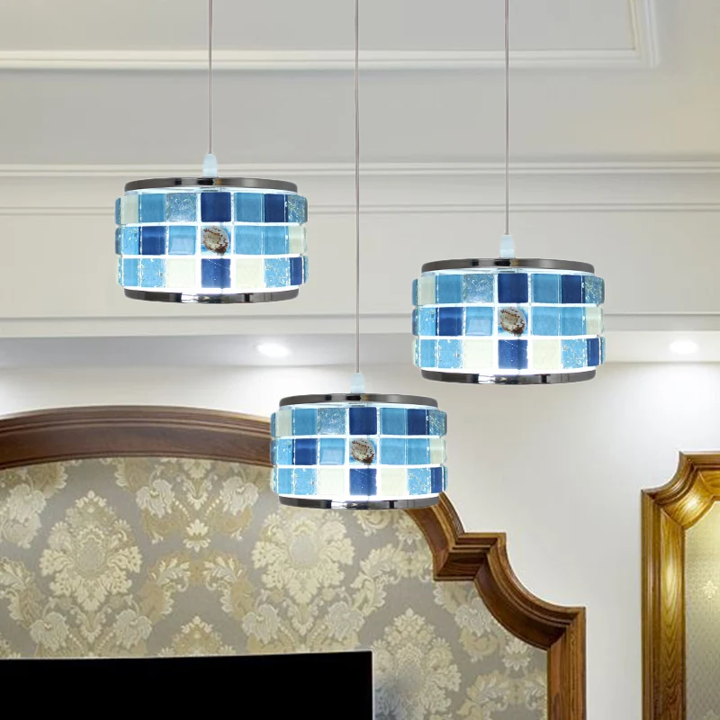 Lampe suspendue à tambour méditerranéen, 3 lumières, plafonnier en cristal bleu avec Design en mosaïque, auvent rond/linéaire