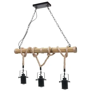 Lampe à suspension lustre corde de bambou nostalgique industrielle métal noir 3x abat-jour spot 04_0004047