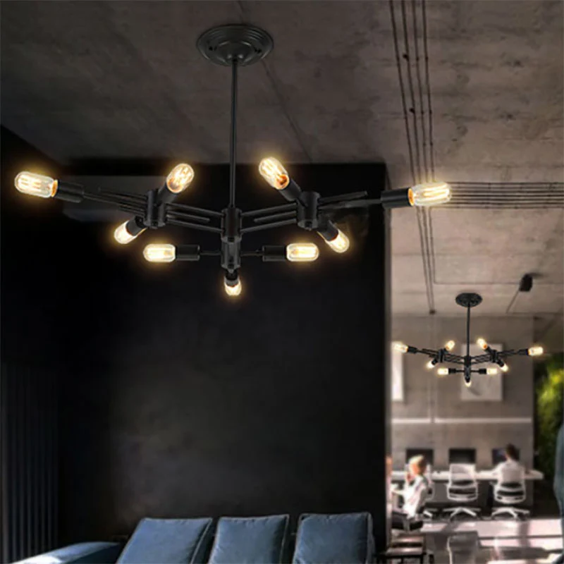 Lampe à suspension suspendue pour restaurant à ampoule exposée, plafonnier contemporain métallique à 9/12 têtes en noir