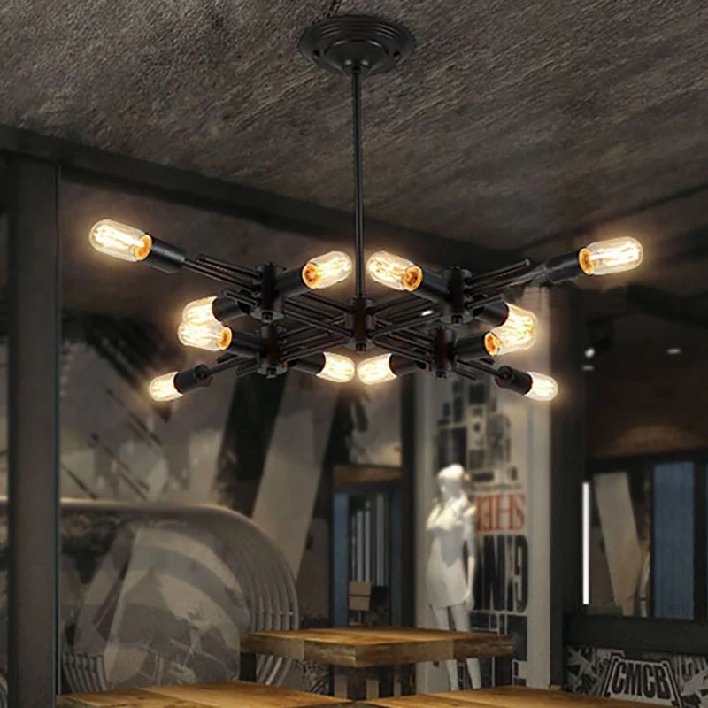 Lampe à suspension suspendue pour restaurant à ampoule exposée, plafonnier contemporain métallique à 9/12 têtes en noir