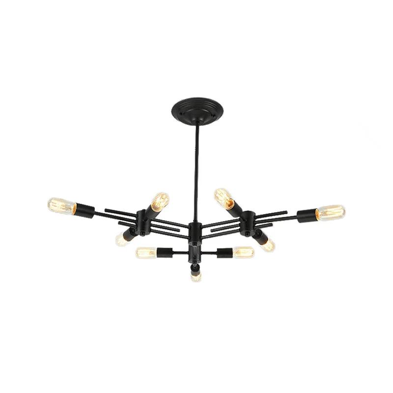 Lampe à suspension suspendue pour restaurant à ampoule exposée, plafonnier contemporain métallique à 9/12 têtes en noir