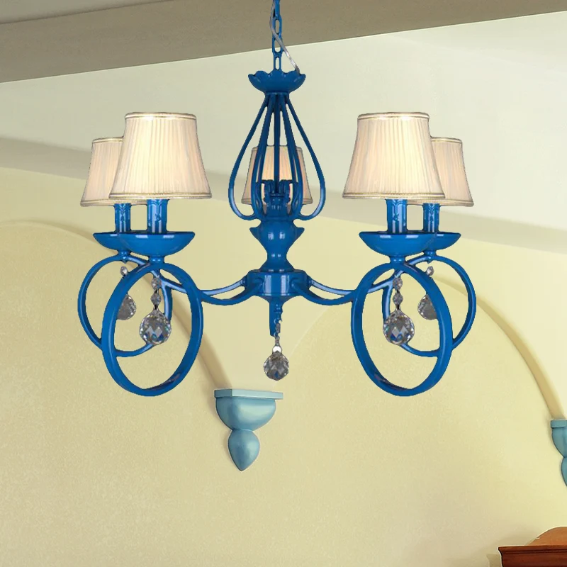 Lampe à suspension en tissu bleu cône, lustre conventionnel à 5/6/8 lumières, luminaire pour salon avec drapage en cristal