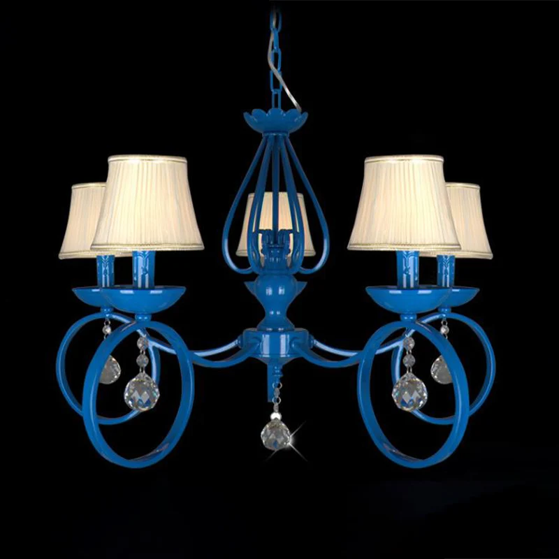 Lampe à suspension en tissu bleu cône, lustre conventionnel à 5/6/8 lumières, luminaire pour salon avec drapage en cristal