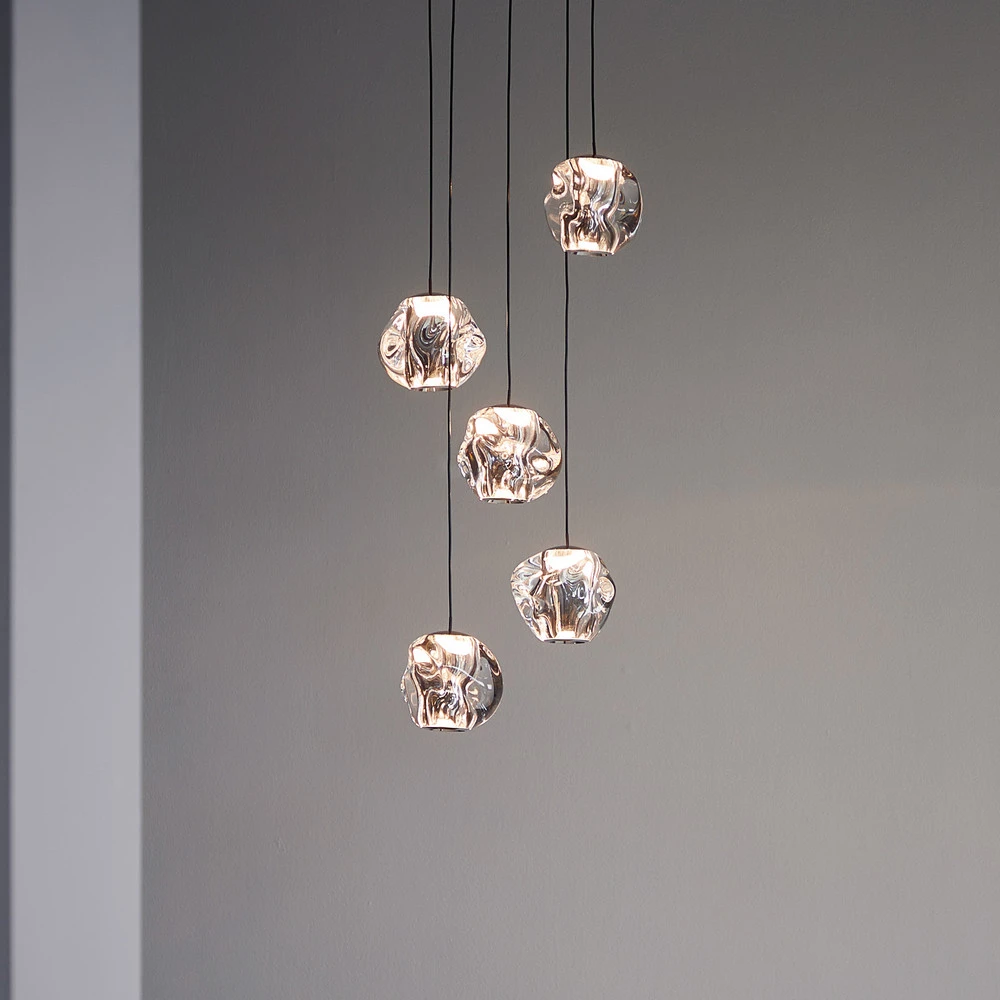LOOM DESIGN Suspension LED Ice Ball, chrome/évident, à 5 lampes