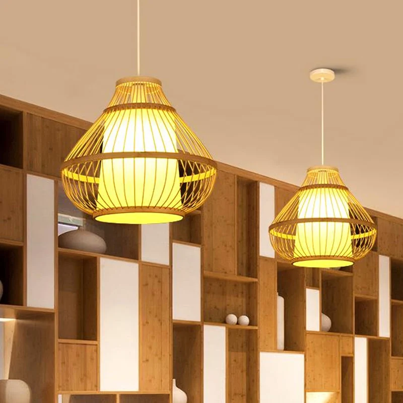Luminaire suspendu incurvé de 16 "/ 18" W, style Lodge, lampe à suspension en bambou à 1 lumière crème pour salle à manger