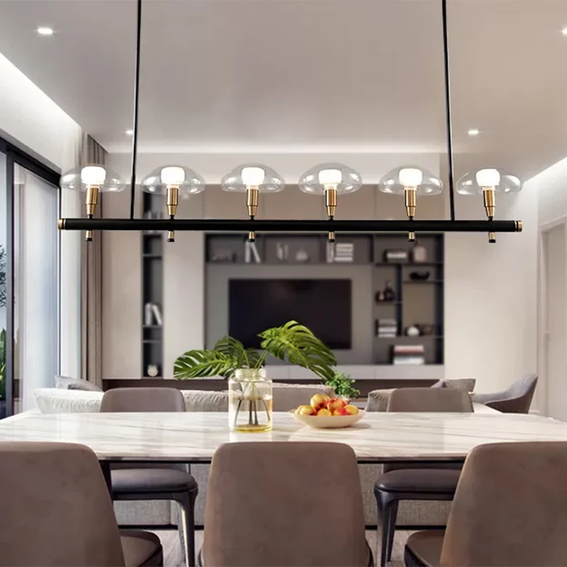 Luminaire suspendu linéaire champignon à abat-jour cristallin, 4/6 lumières, éclairage d'îlot en verre noir pour restaurant