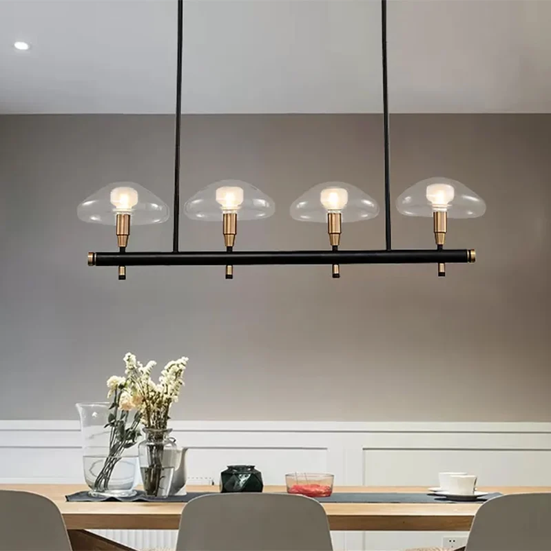 Luminaire suspendu linéaire champignon à abat-jour cristallin, 4/6 lumières, éclairage d'îlot en verre noir pour restaurant