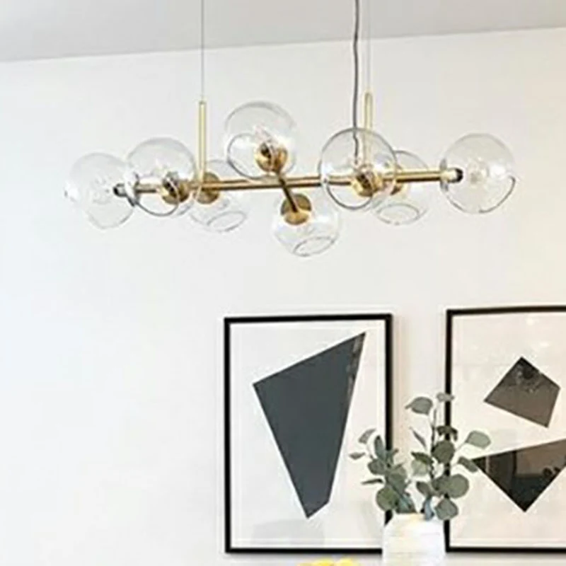Luminaire suspendu pour salle à manger à 8 lumières, luminaire d'îlot postmoderne en laiton avec abat-jour en verre en for...
