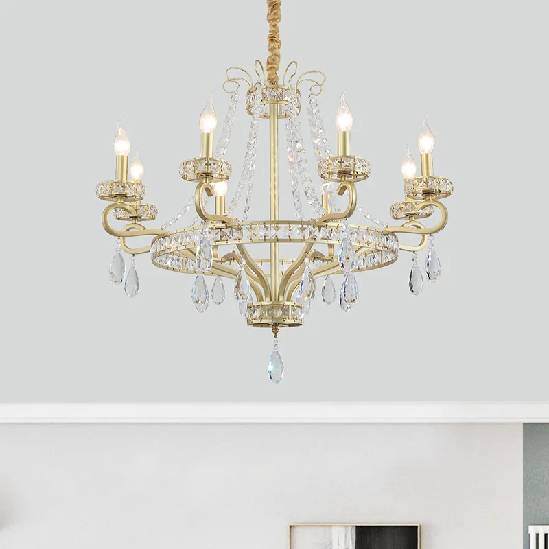 Lustre à bougies à 5/8 ampoules, lampe rustique à prisme en cristal doré, luminaire suspendu pour salon