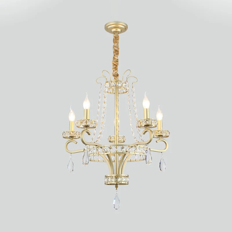 Lustre à bougies à 5/8 ampoules, lampe rustique à prisme en cristal doré, luminaire suspendu pour salon