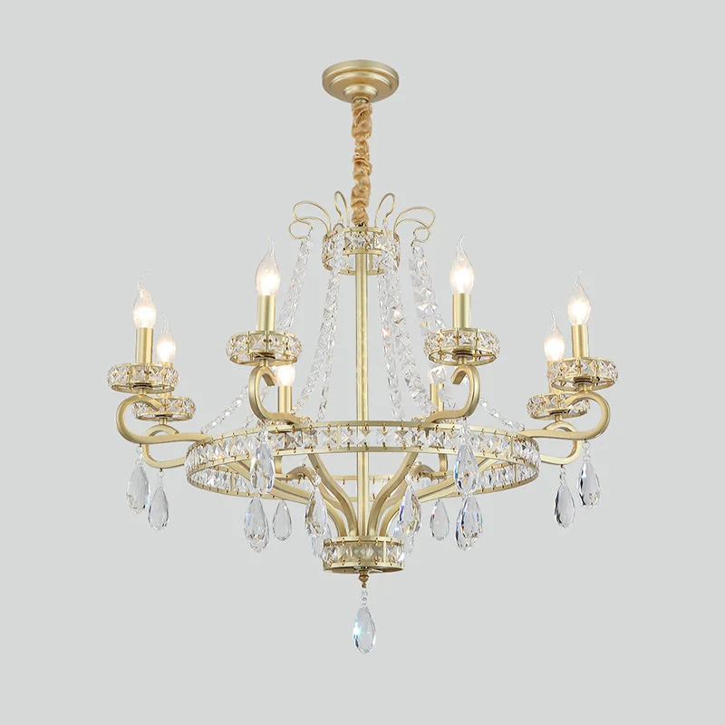 Lustre à bougies à 5/8 ampoules, lampe rustique à prisme en cristal doré, luminaire suspendu pour salon