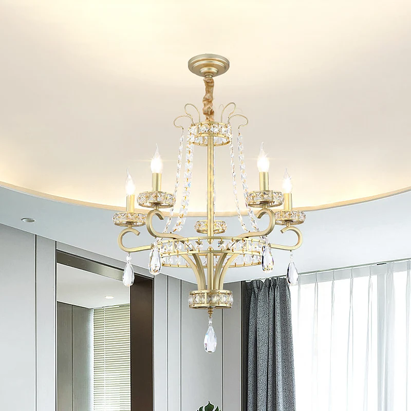 Lustre à bougies à 5/8 ampoules, lampe rustique à prisme en cristal doré, luminaire suspendu pour salon
