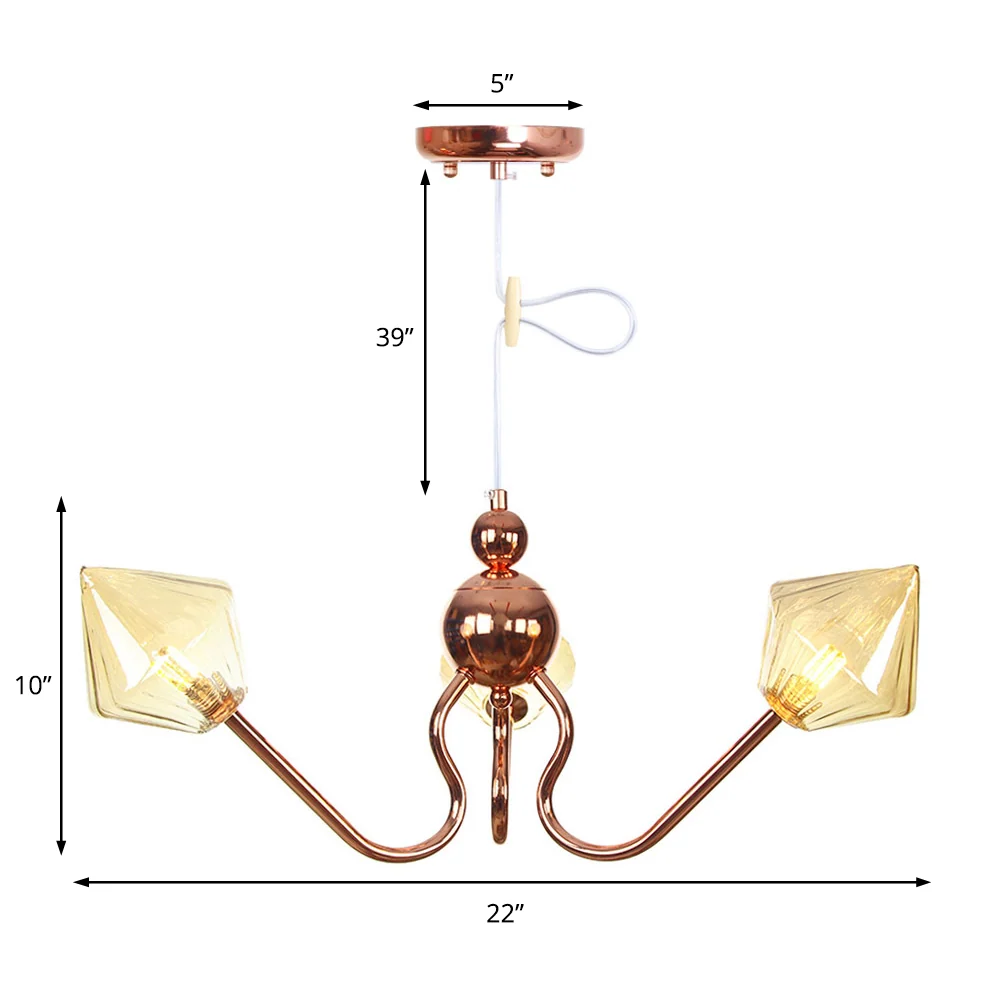 Lustre diamant en métal et verre, lampe suspendue industrielle à 3 lumières pour cuisine, ambre/transparent