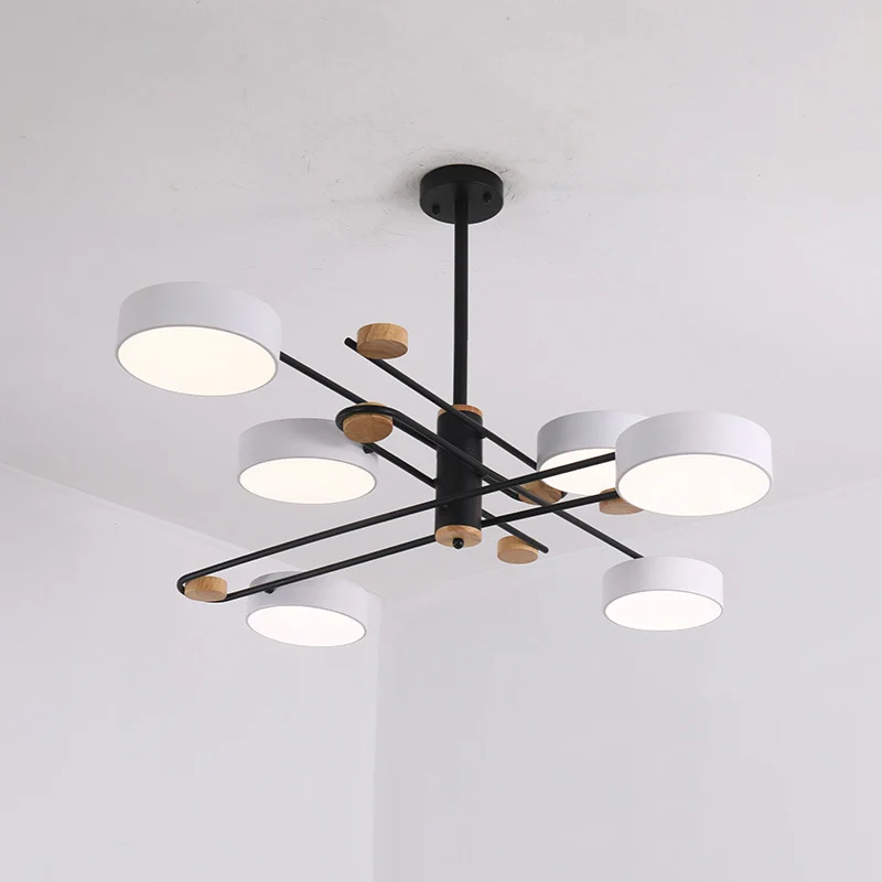 Lustre nordique à 6 lumières, plafonnier spoutnik en bois doré/gris/blanc suspendu avec abat-jour en acrylique pour salon