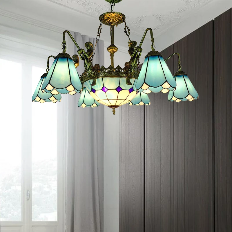Lustre de salon à 7/9 lumières, luminaire suspendu en Cuivre étain Tiffany avec abat-jour en verre jaune/bleu cône