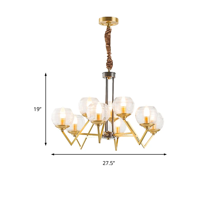 Lustre suspendu doré à 9/12 lumières, Globe traditionnel en verre nervuré clair, luminaire suspendu pour le salon
