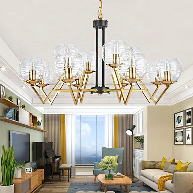 Lustre suspendu doré à 9/12 lumières, Globe traditionnel en verre nervuré clair, luminaire suspendu pour le salon