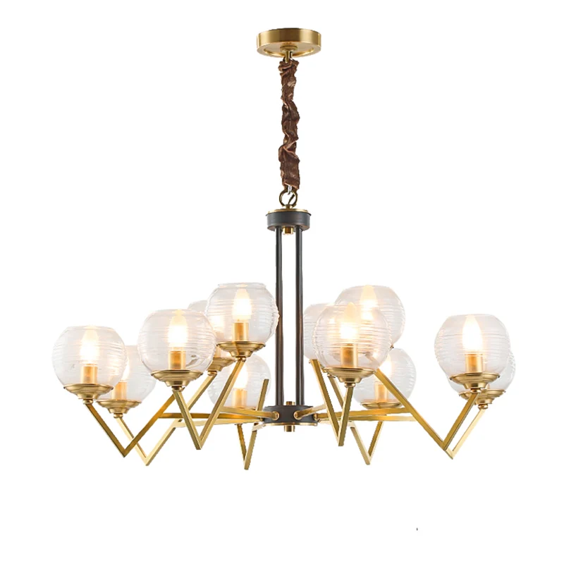 Lustre suspendu doré à 9/12 lumières, Globe traditionnel en verre nervuré clair, luminaire suspendu pour le salon