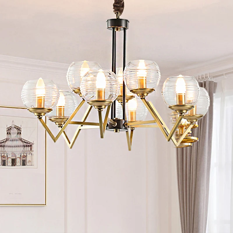 Lustre suspendu doré à 9/12 lumières, Globe traditionnel en verre nervuré clair, luminaire suspendu pour le salon