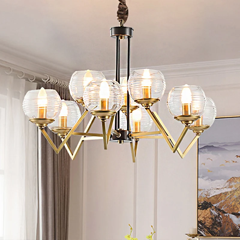 Lustre suspendu doré à 9/12 lumières, Globe traditionnel en verre nervuré clair, luminaire suspendu pour le salon