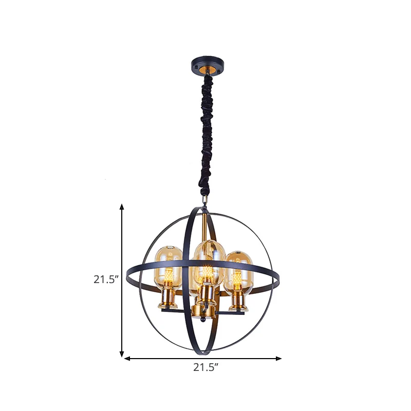 Lustre suspendu Ellipse en verre ambré, lampe à suspension contemporaine à 4/6 lumières, noir et or avec cadre orb