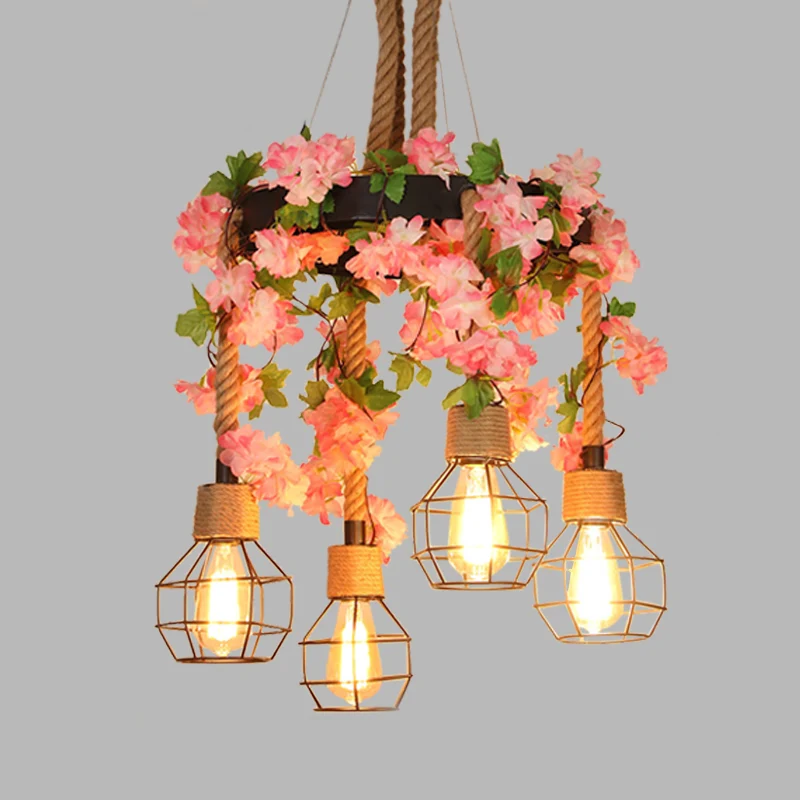 Lustre suspendu en forme de Cage orbe, 4/8 lumières, d'époque, en corde de chanvre noire, luminaire suspendu avec décorati...