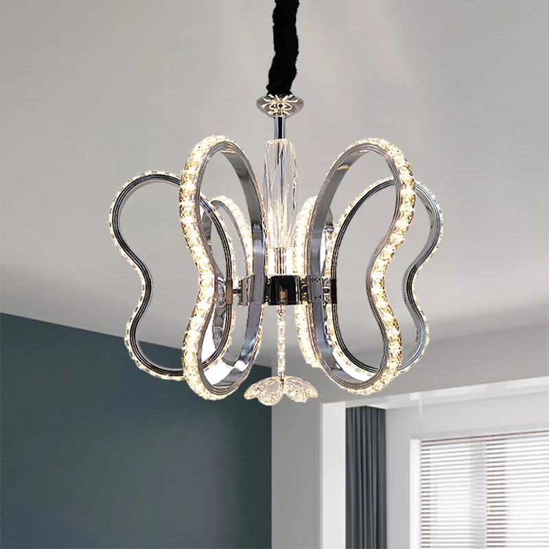 Pendentif de plafond papillon Post-moderne en cristal biseauté LED Restaurant suspendu lustre en Acier chromé, lumière cha...