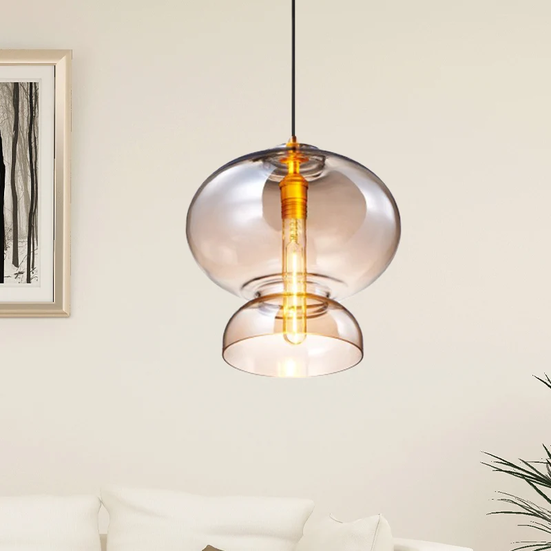 Plafonnier incurvé contemporain en verre bleu/cognac, 1 ampoule, luminaire suspendu pour restaurant, 10"/11" de étendu
