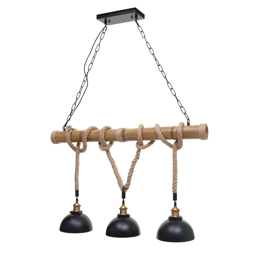 Suspension Lampe lustres style industrielle rétro bambou corde métal noir 3x abat-jour dôme 04_0003598