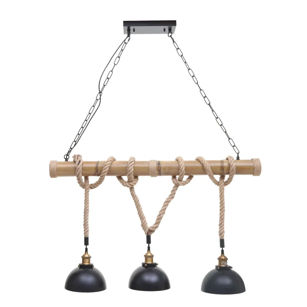 Suspension Lampe lustres style industrielle rétro bambou corde métal noir 3x abat-jour dôme 04_0003598