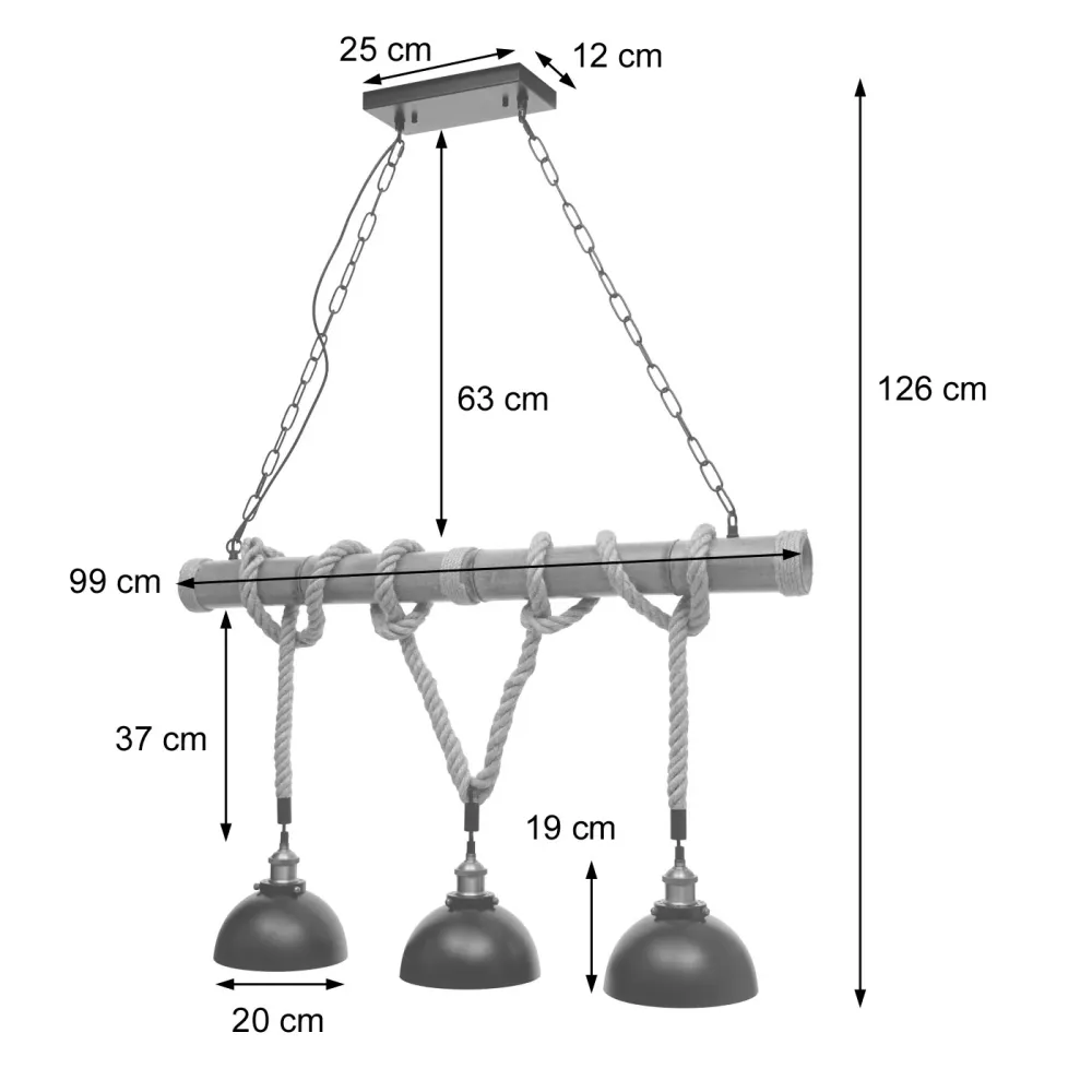 Suspension Lampe lustres style industrielle rétro bambou corde métal noir 3x abat-jour dôme 04_0003598