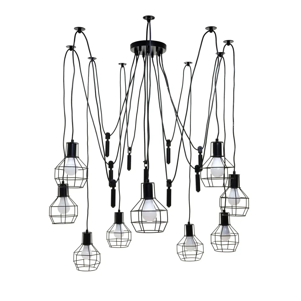 Suspension lampe suspendue lustre hauteur réglable en métal industriel noir 9x abat-jour en treillis 04_0004057