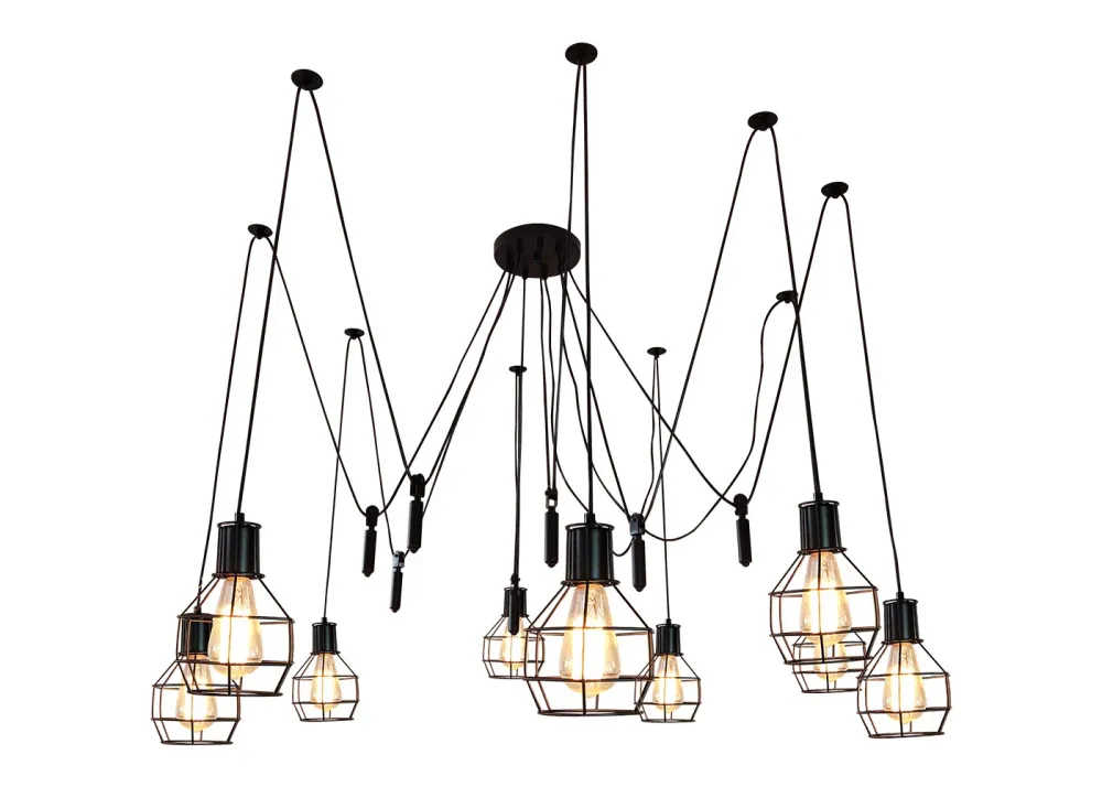 Suspension lampe suspendue lustre hauteur réglable en métal industriel noir 9x abat-jour en treillis 04_0004057