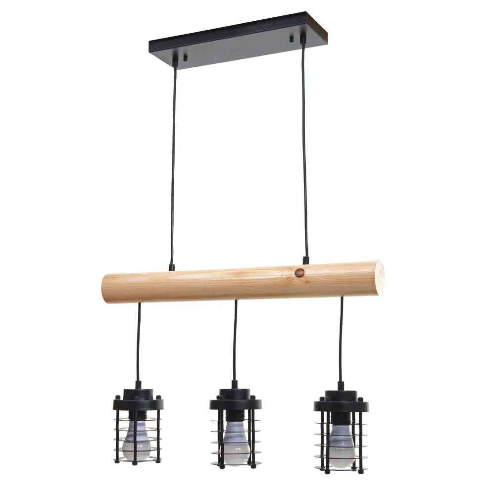 Suspension lampe suspendue suspension design industriel vieux style bois massif métal noir 3 abat-jour 04_0004049