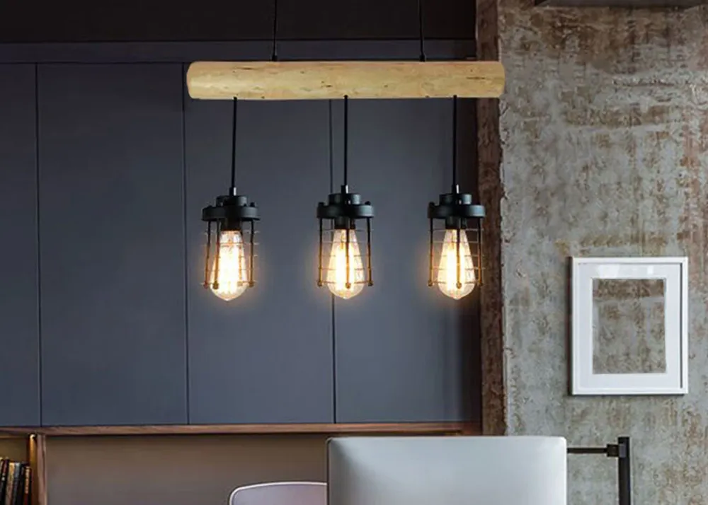 Suspension lampe suspendue suspension design industriel vieux style bois massif métal noir 3 abat-jour 04_0004049