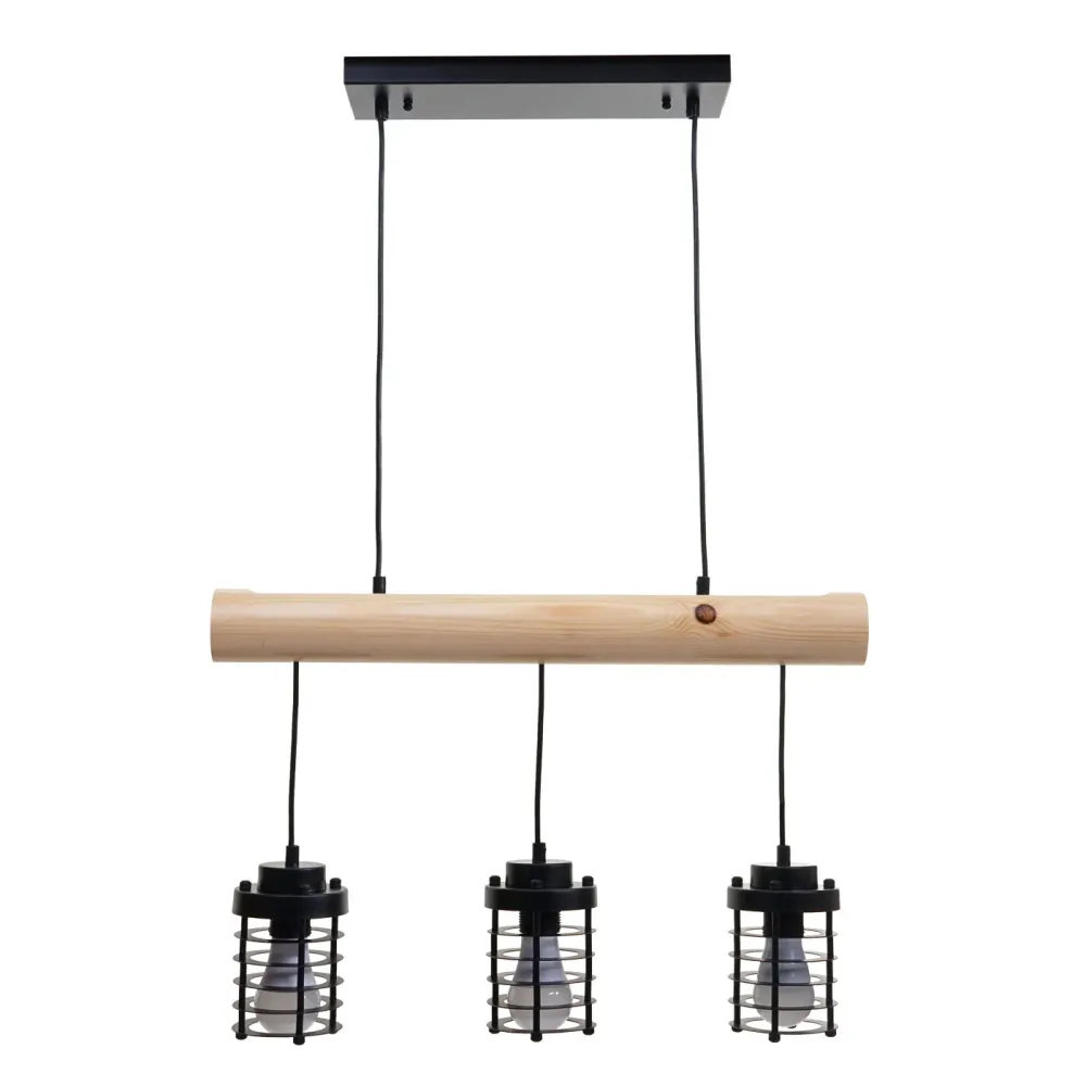 Suspension lampe suspendue suspension design industriel vieux style bois massif métal noir 3 abat-jour 04_0004049