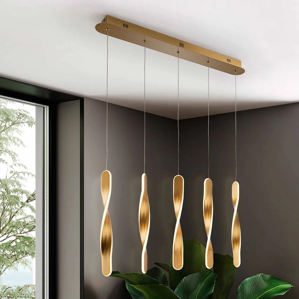 Suspension LED Twist, 5 lampes. Aluminium, métal, acrylique, doré