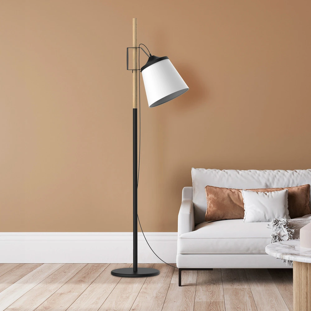 Aluminor Woody lampe sur pied, noire/blanche/bois - Certifié CE