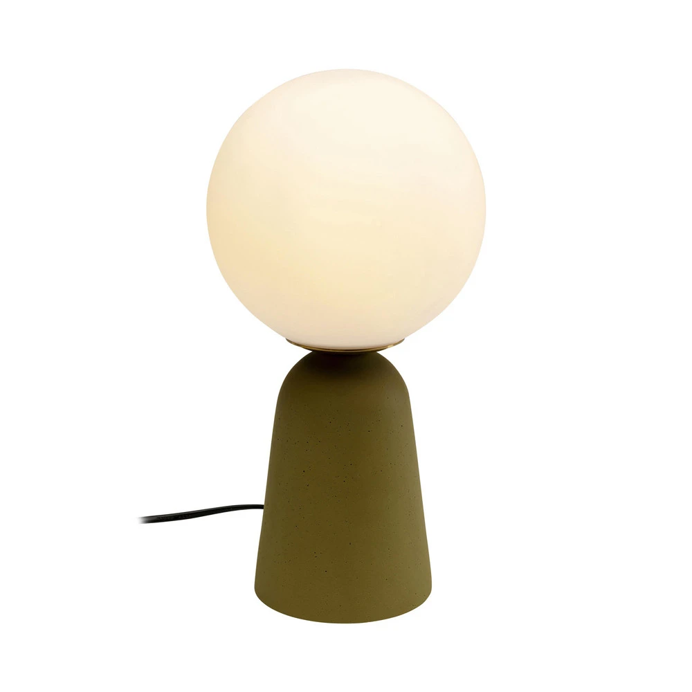 Design Contemporain KARE Lampe de table Bollie, pied en béton vert, verre opale, hauteur 31 cm